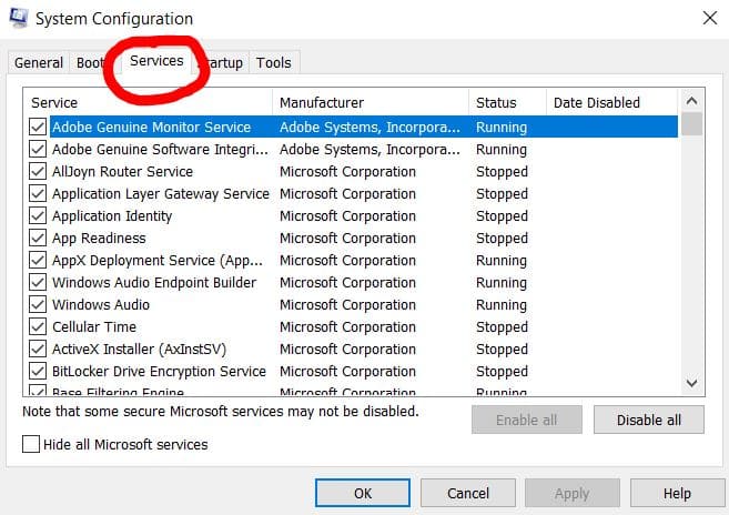 disabling unwanted services in system configuration