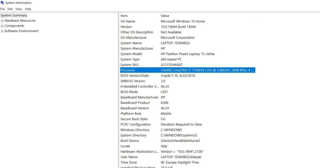 Msinfo32 tab with CPU details