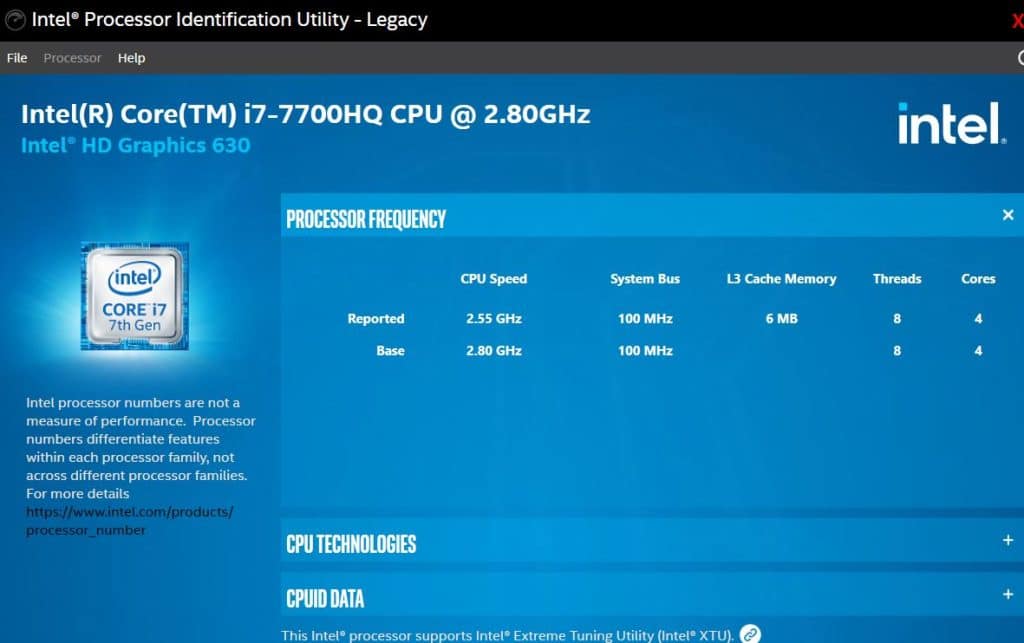 Intel Utility showing generation of processor